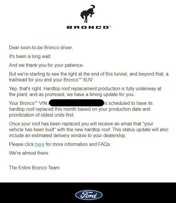 Ford Bronco Ford begins sending Hardtop Replacement emails to Bronco customers today 1632421944218