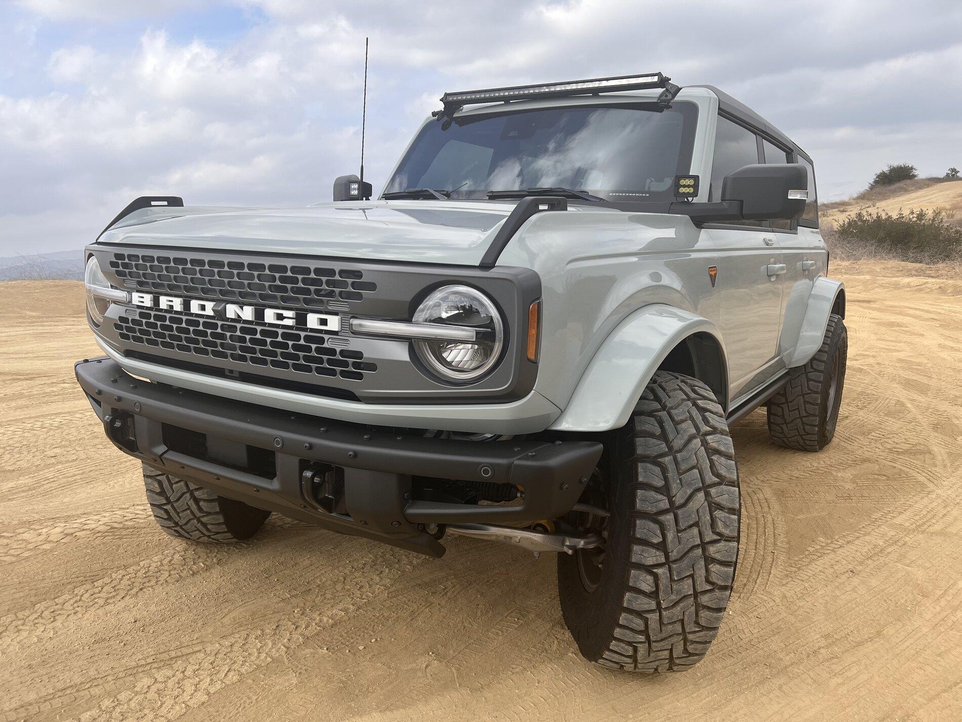 Ford Bronco Cactus Gray Badlands : 35’s, Black Rhino Gunmetal wheels, Toyo A/T tires, LED corner lights and lightbar, painted fenders FDD98D11-DE24-4BF8-BE76-5BE4A959A5AE