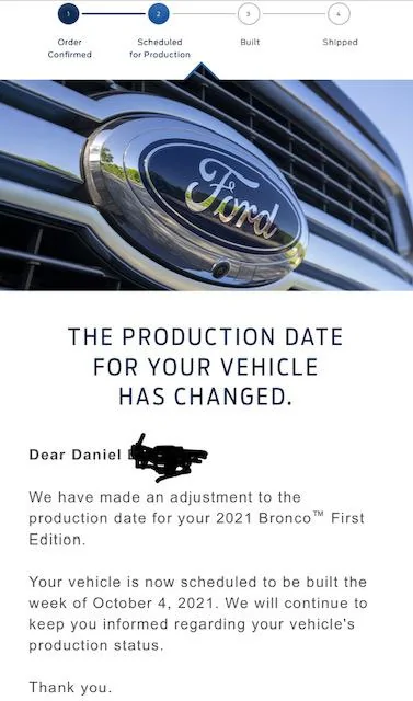 Ford Bronco Update email on production. New Dat
