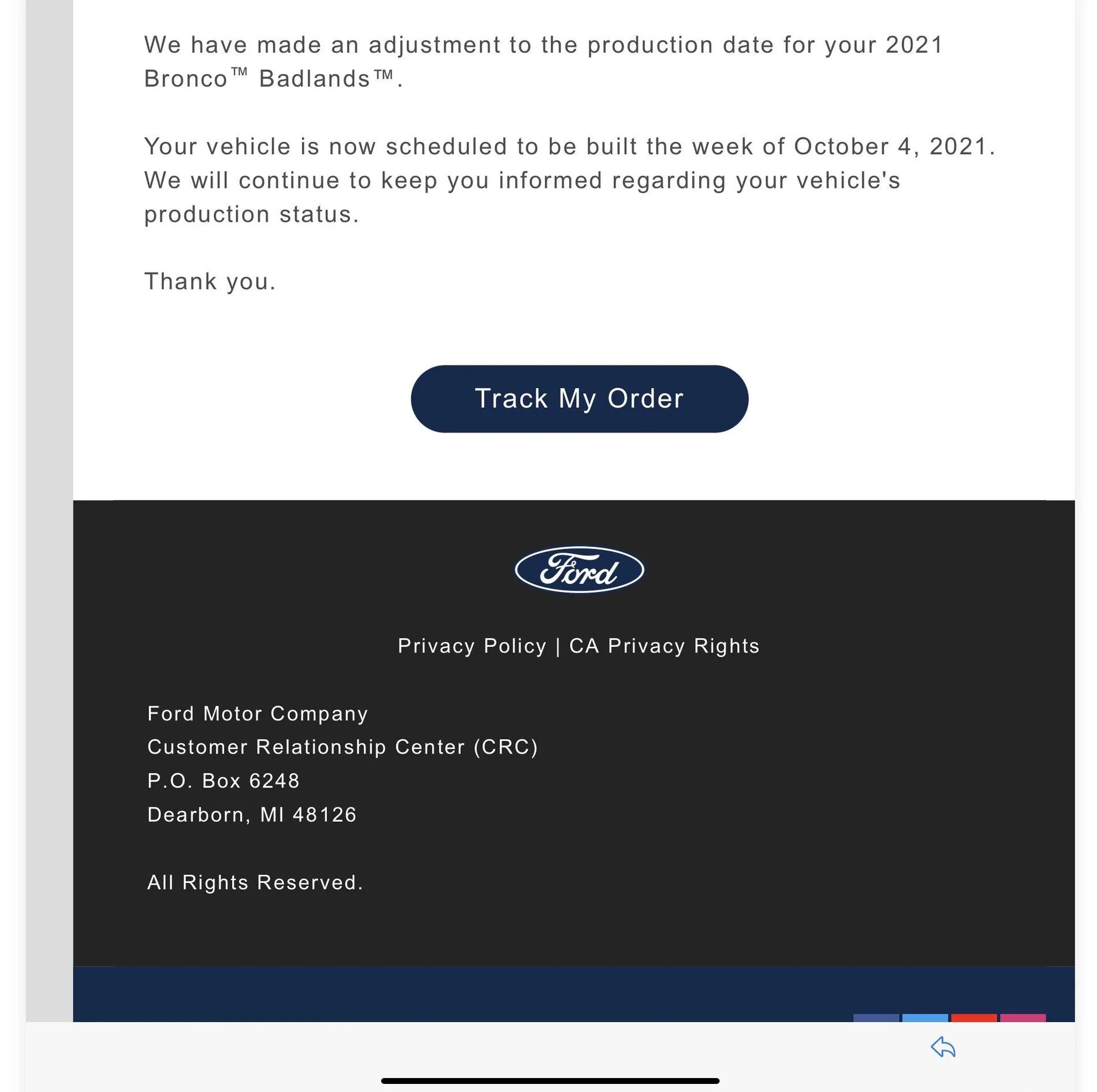 Ford Bronco Update email on production. 58A31659-1D8B-45ED-BF1F-F30881AC266B