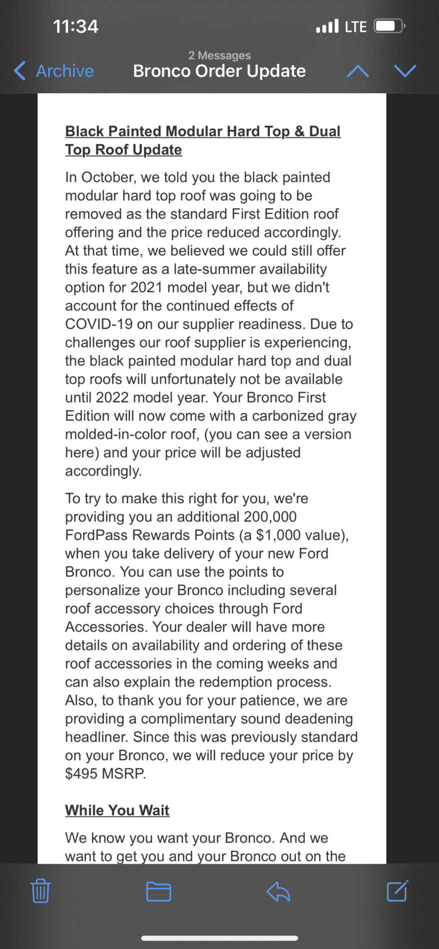 Ford Bronco Possible remaining First Edition Bronco orders being canceled by Ford if not changed to non-FE trim [updated with official email] 2540B89F-DF90-435A-847B-0FB2501119FE