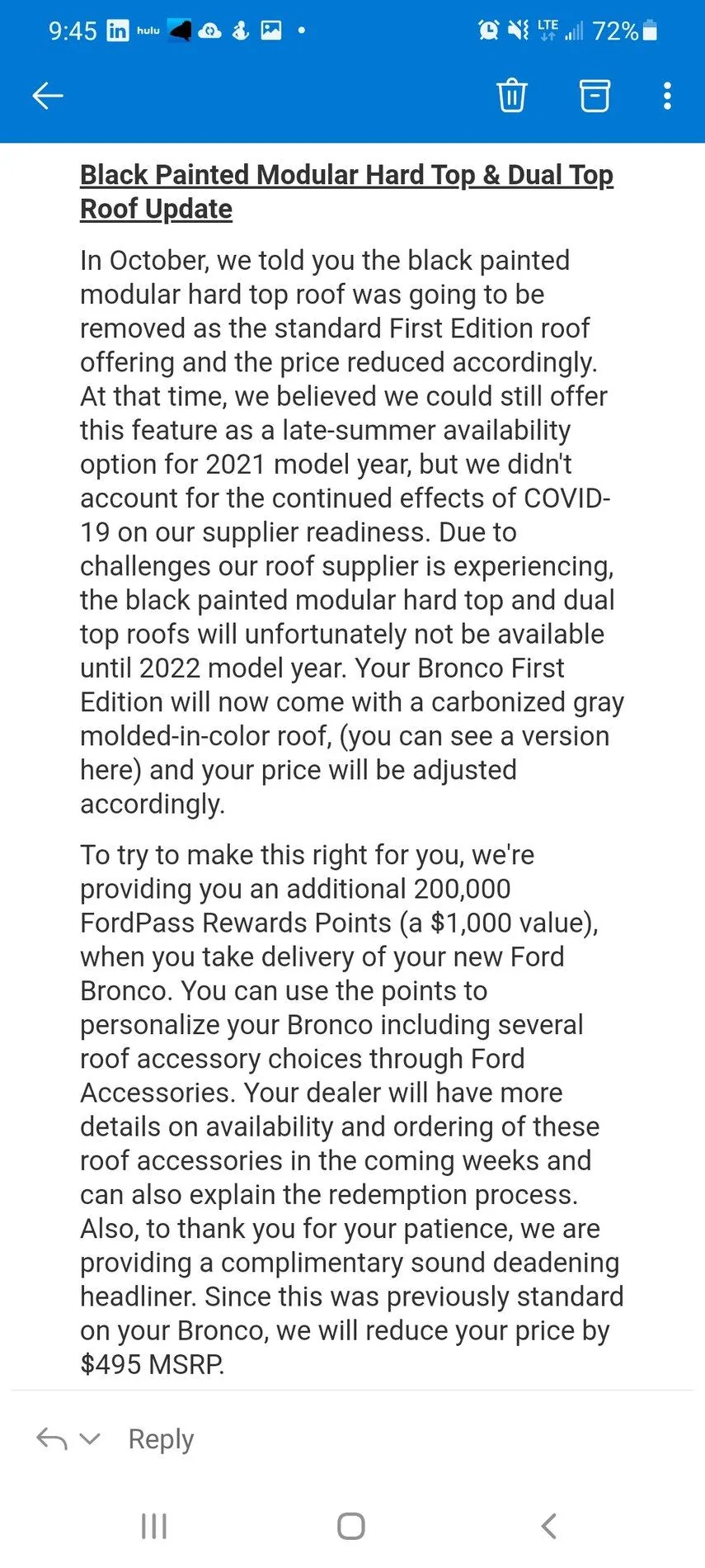 Ford Bronco entering the 200k points in system instructions. Screenshot_20211015-094553_Outlook