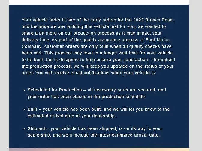 Ford Bronco MY22 Ford confirmation email Bas