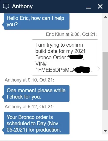 Ford Bronco Confirm Your Build Date in less than 5 mins with Ford Chat Build Date chat
