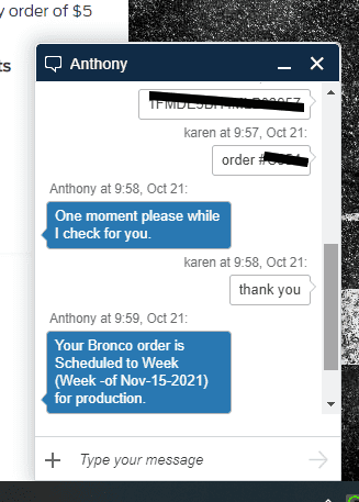 Ford Bronco Confirm Your Build Date in less than 5 mins with Ford Chat 1634824916397