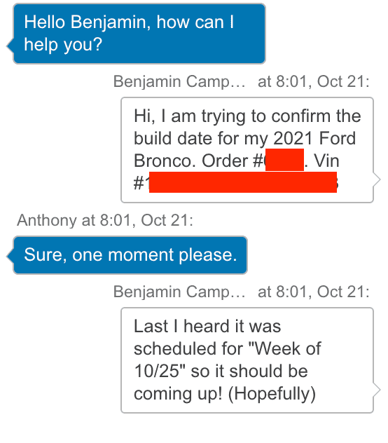 Ford Bronco Confirm Your Build Date in less than 5 mins with Ford Chat Screen Shot 2021-10-21 at 8.02.53 AM