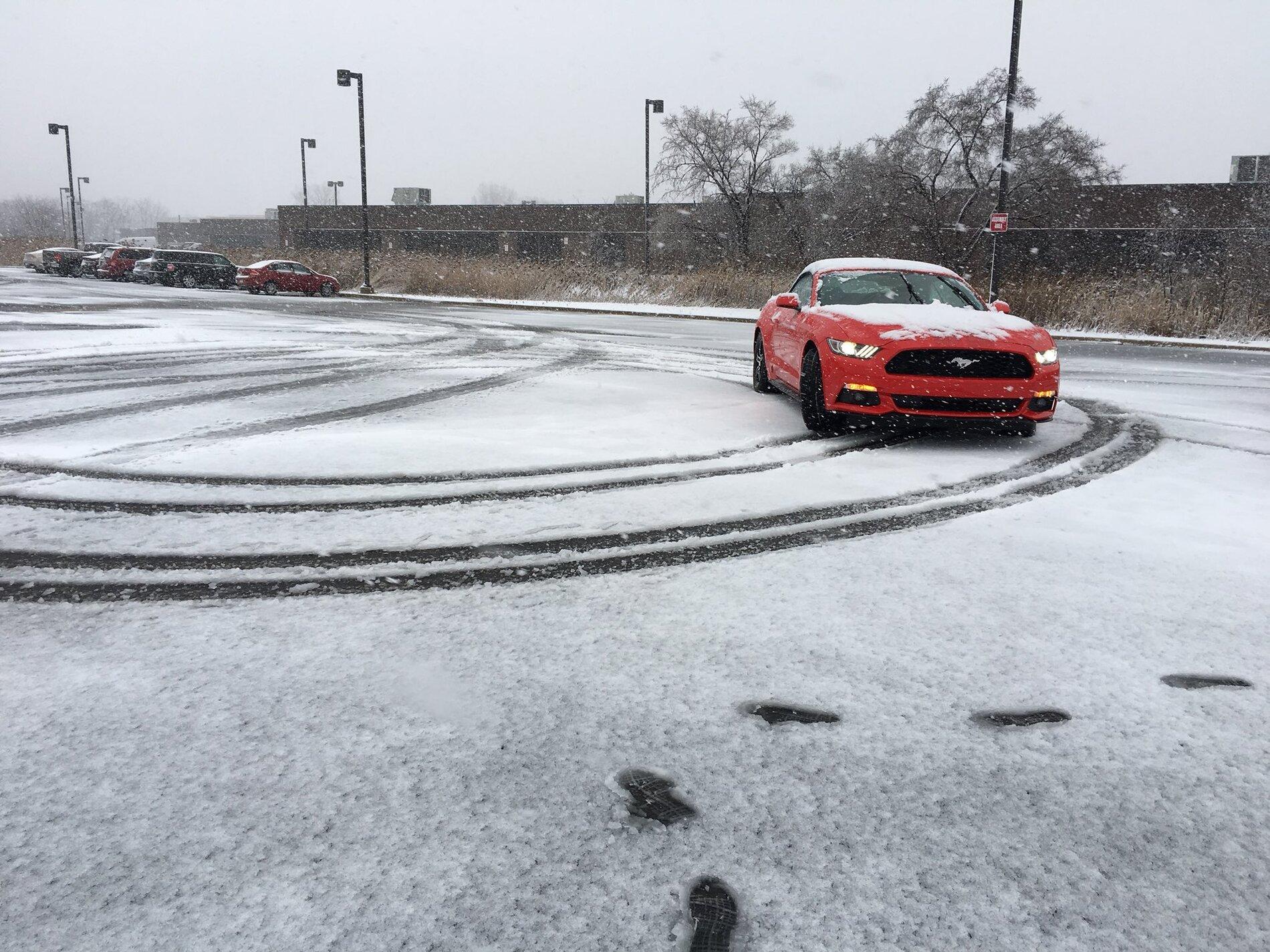 Ford Bronco Warning on Race Red color Mustang in the snow