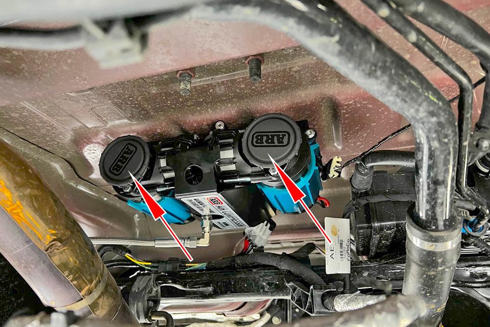 Ford Bronco Hardmounted ARB dual compressor with quick connect port installed filters
