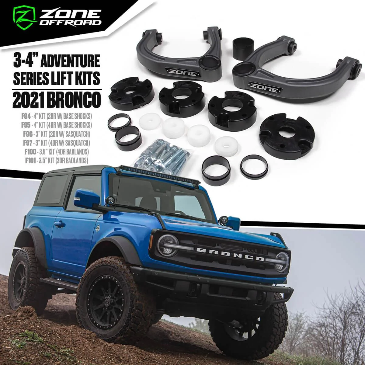 Ford Bronco Zone Offroad 3" 3.5" and 4" Lift Kits for 2021 Bronco (Sasquatch and Non-Sasquatch) ZPR-F94-F101-2