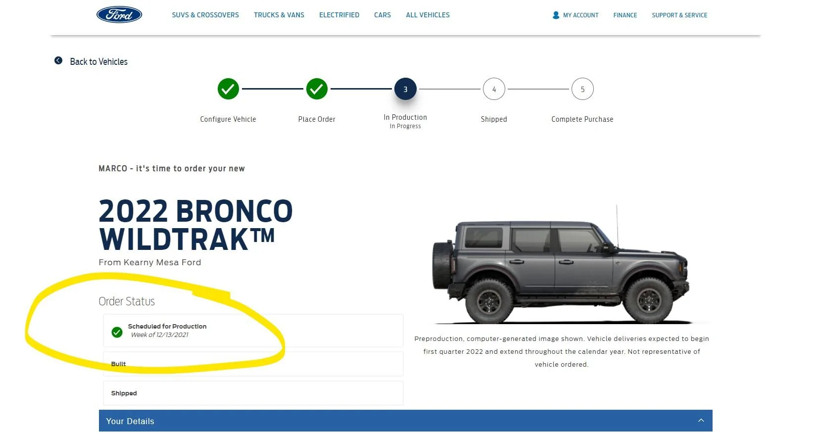 Ford Bronco 2022 order scheduled today (10/28) group WT.Build12.13.2021