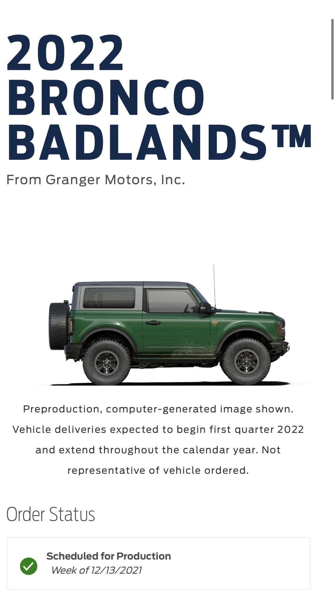 Ford Bronco 2022 order scheduled today (10/28) group 1635459448354