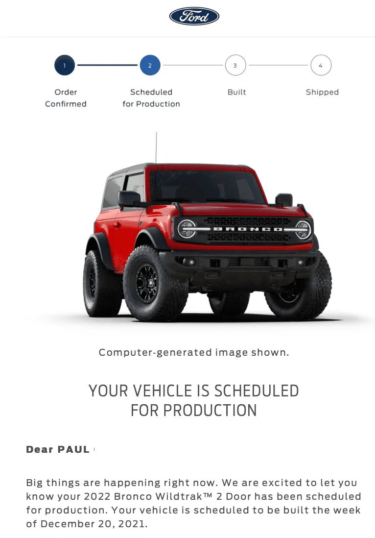 Ford Bronco 2022 order scheduled today (10/28) group Bronco order accepted screen shot redacted