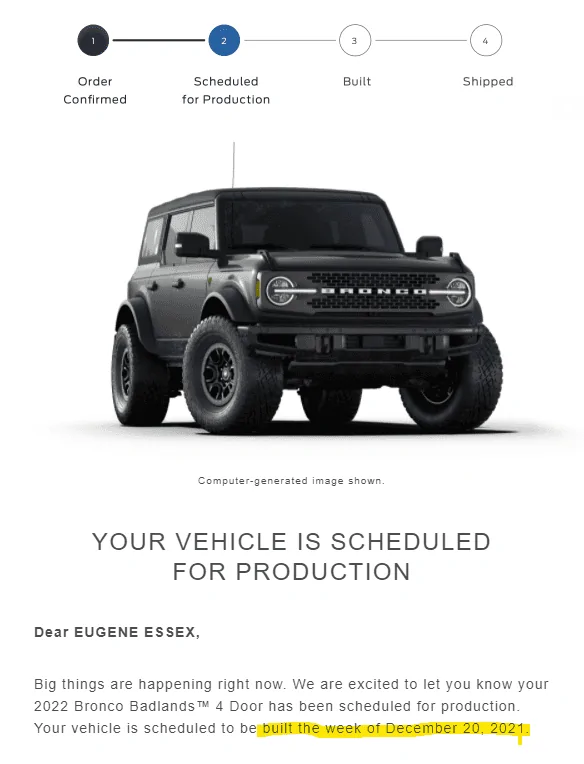 Ford Bronco 2022 order scheduled today (10/28) group Dec Bronco Build