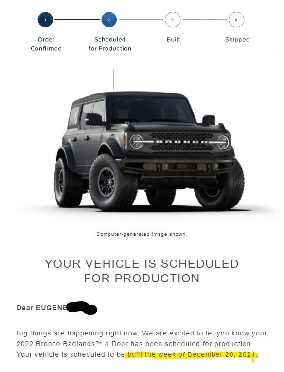 Ford Bronco 2022 order scheduled today (10/28) group Dec Bronco Build_2022