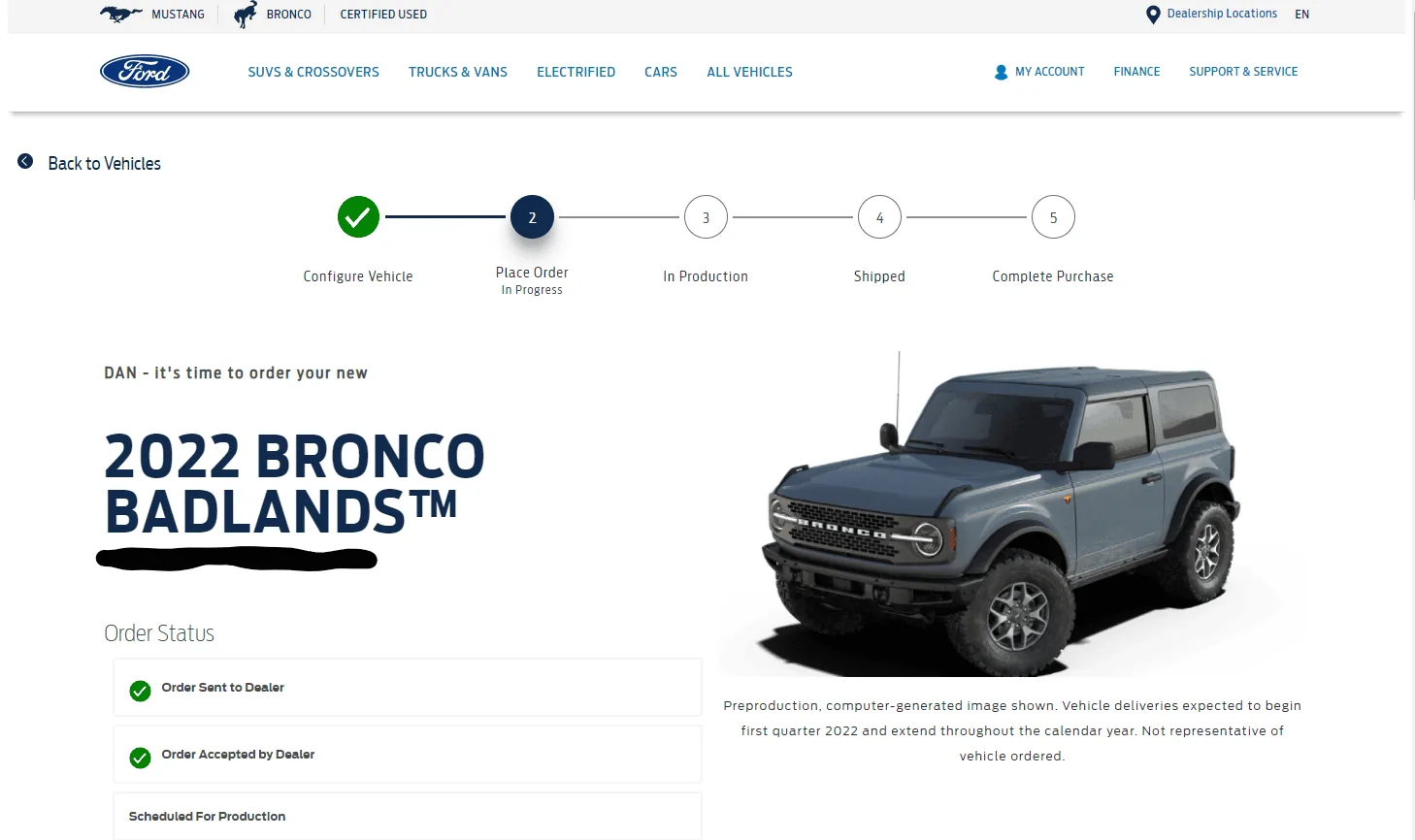 Ford Bronco Reservation Status order status