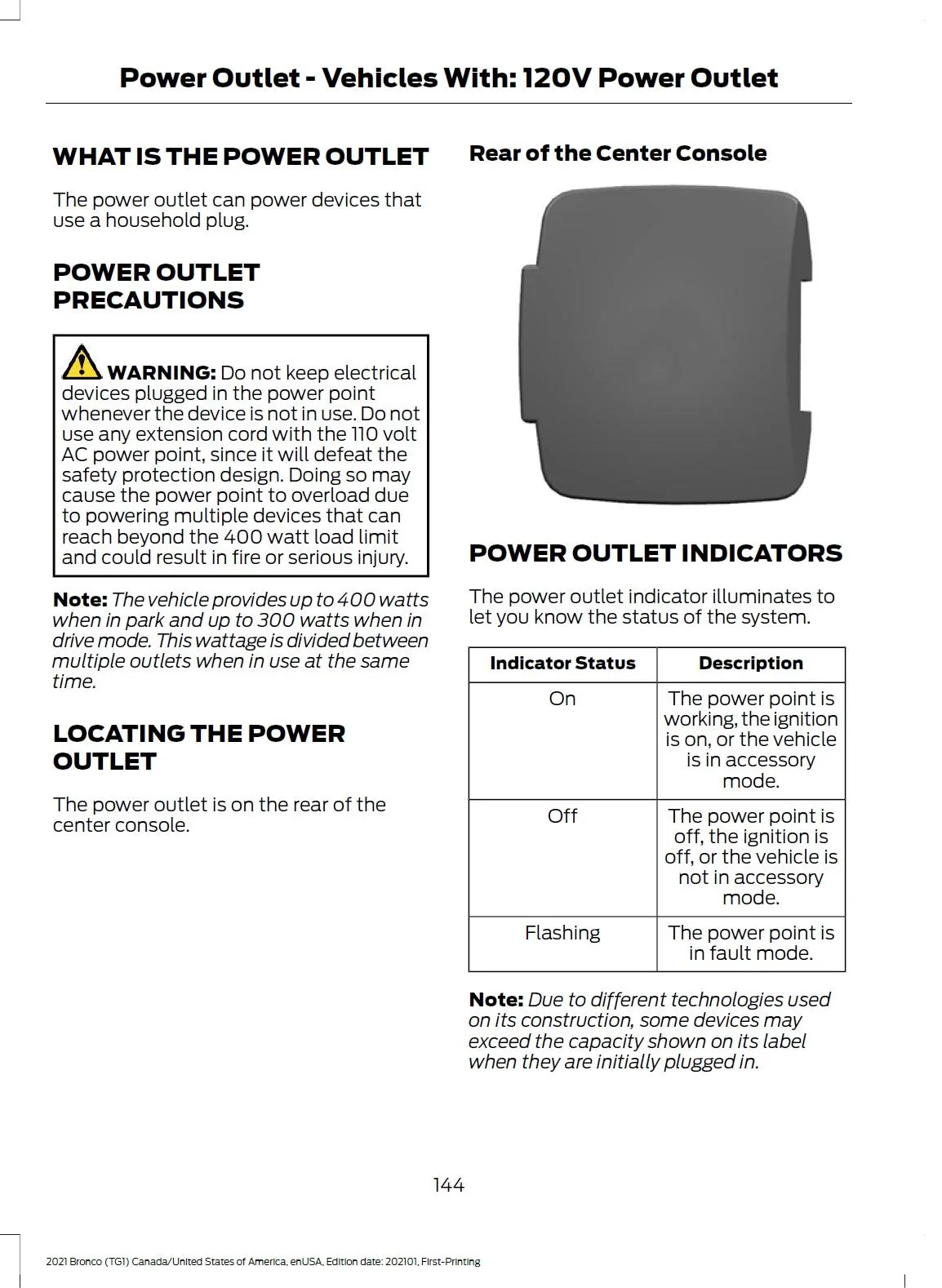 Ford Bronco 120v power port not working Power outlet user manual
