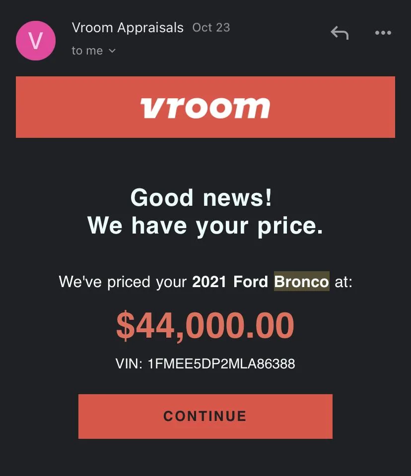 Ford Bronco Carmax Appraisal Offer 3C636DCA-8F30-4361-A585-54510AD53546