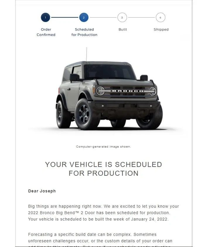 Ford Bronco 🛠 01/24/22 Build Week Group BRONCO SCHEDULED EMAIL