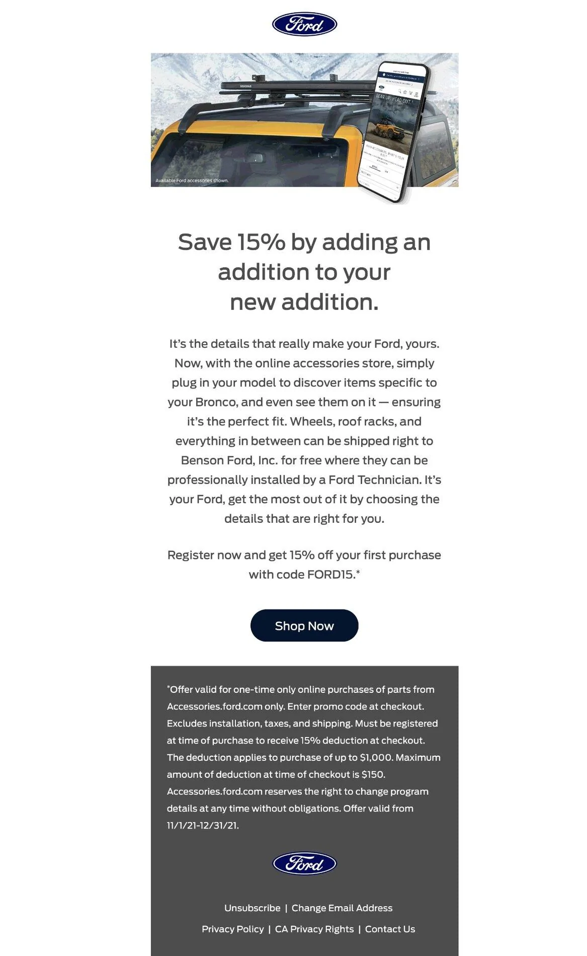 Ford Bronco Save 15% on Ford accessories email. B0665D35-F250-47CC-9466-B9C937898831