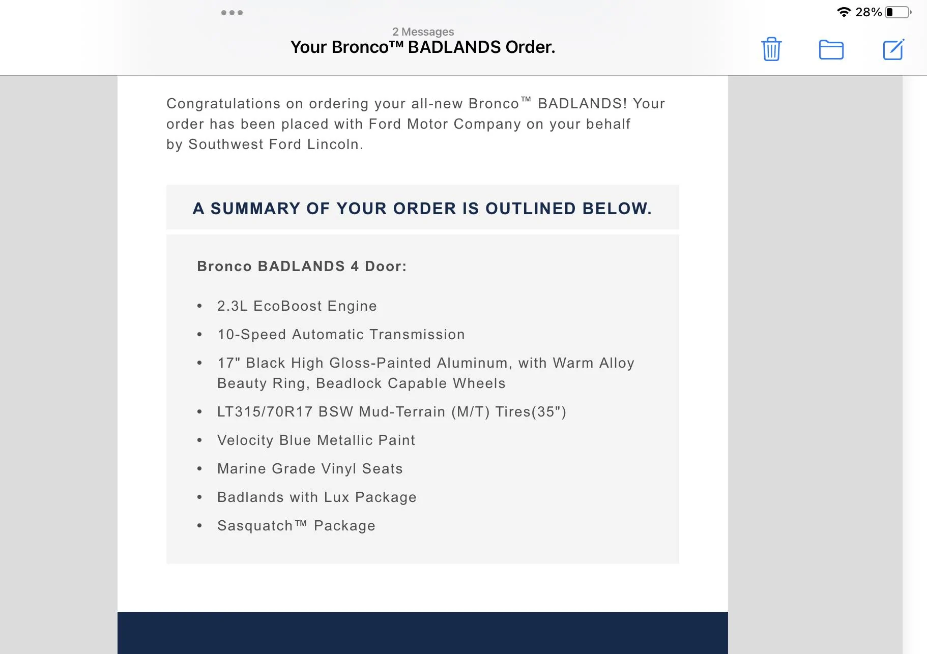 Ford Bronco Problems with incorrect packages 7780603D-AB43-4658-A8FF-07A043DC0833