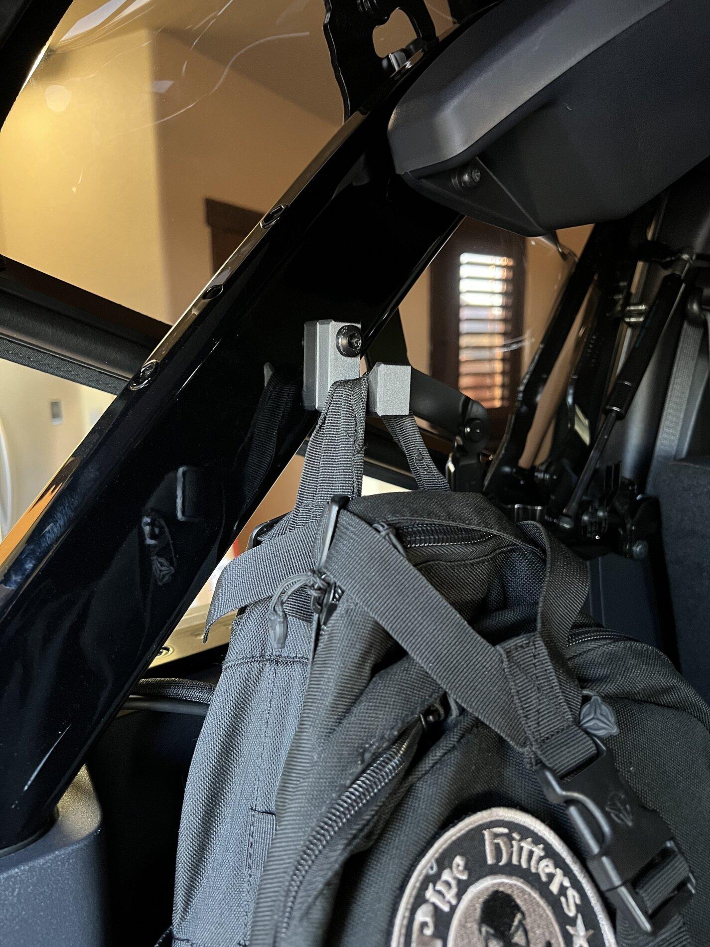 Ford Bronco Bronco Gear Hooks For Cargo Area Now Available! [Sinister CNC] bronco-gear-hook-backpack-close