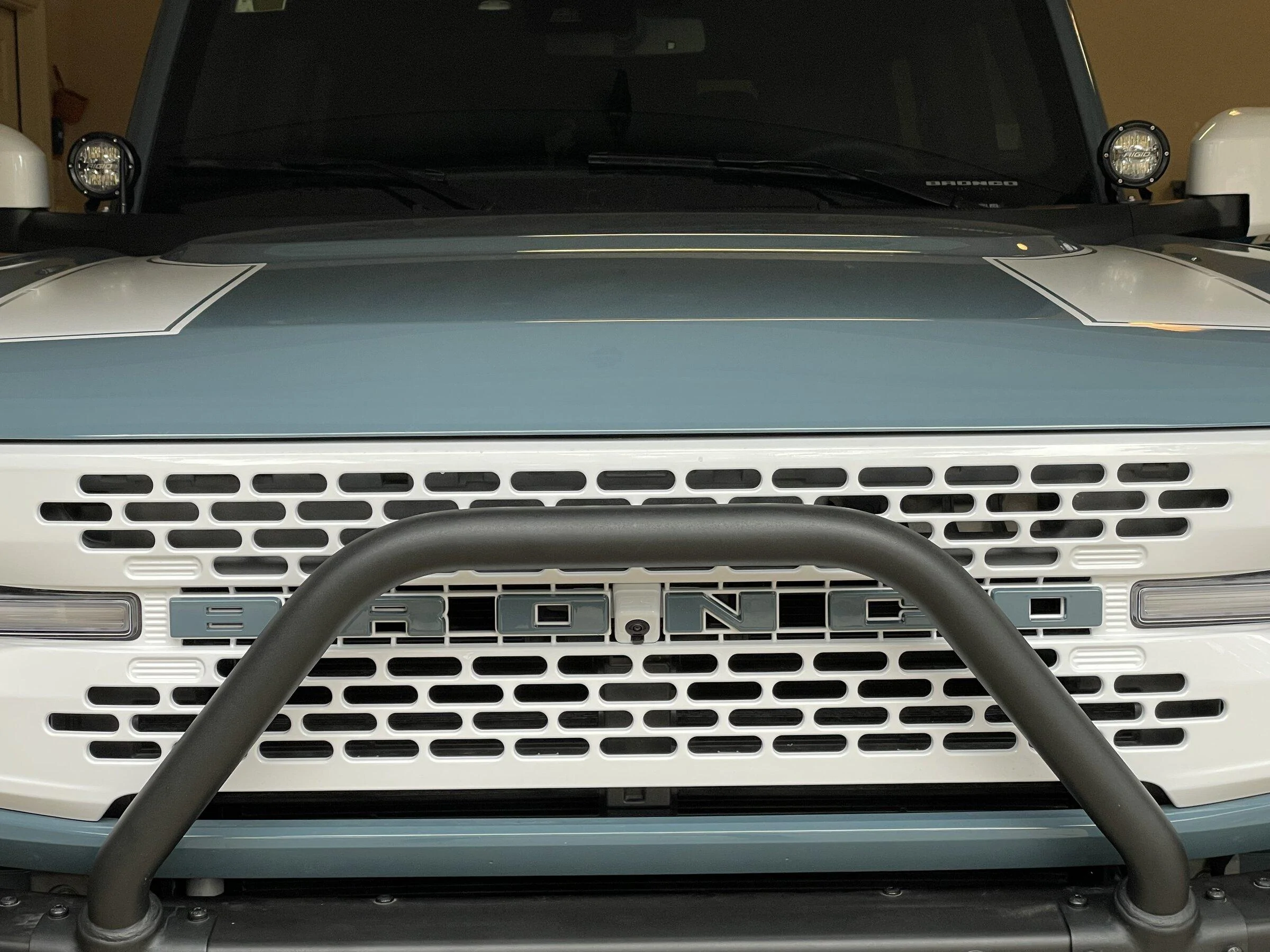 Ford Bronco Phase 1 Customizations: First Edition Area 51 - White Grille, Wheels, Mirrors, Stripes, Wrapped MIC Top 31305FAB-3AA3-4643-B05C-A396702ACB2A