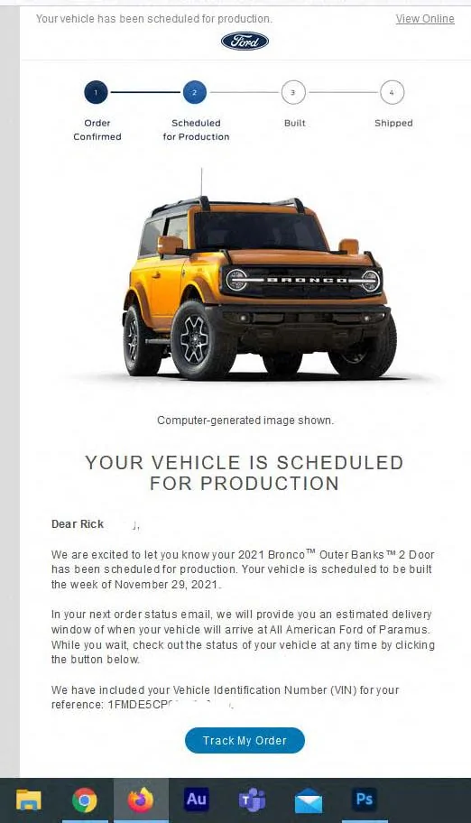Ford Bronco Actual email from Ford scheduling on12/09/21 ? Bronco (2)