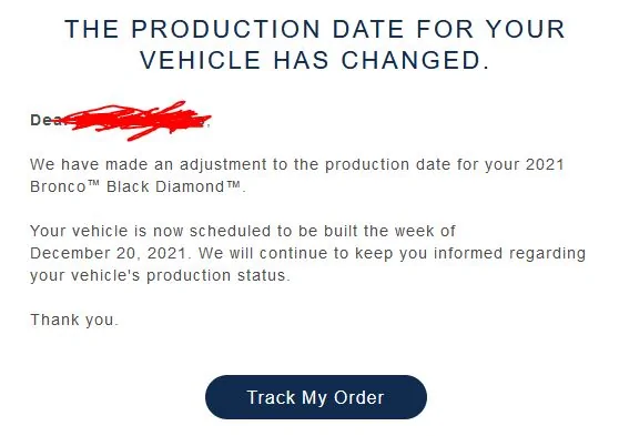 Ford Bronco Tracking for remaining MY21 builds Build