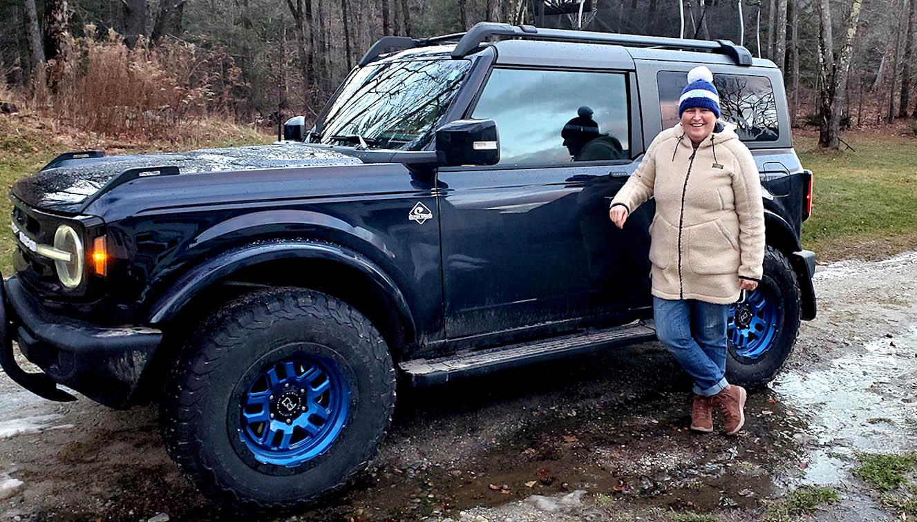 Ford Bronco Surprise Bronco Reveal for Cancer Survivor Wife antimatter blue ford bronco 2-door blue wheels maureen 