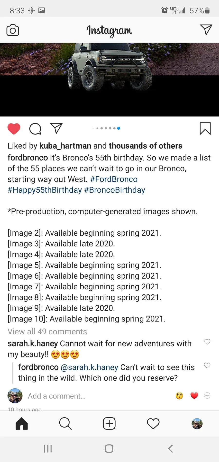 Ford Bronco Bronco Two/Four Door listed as available SPRING 2021 Screenshot_20200811-203308_Instagram