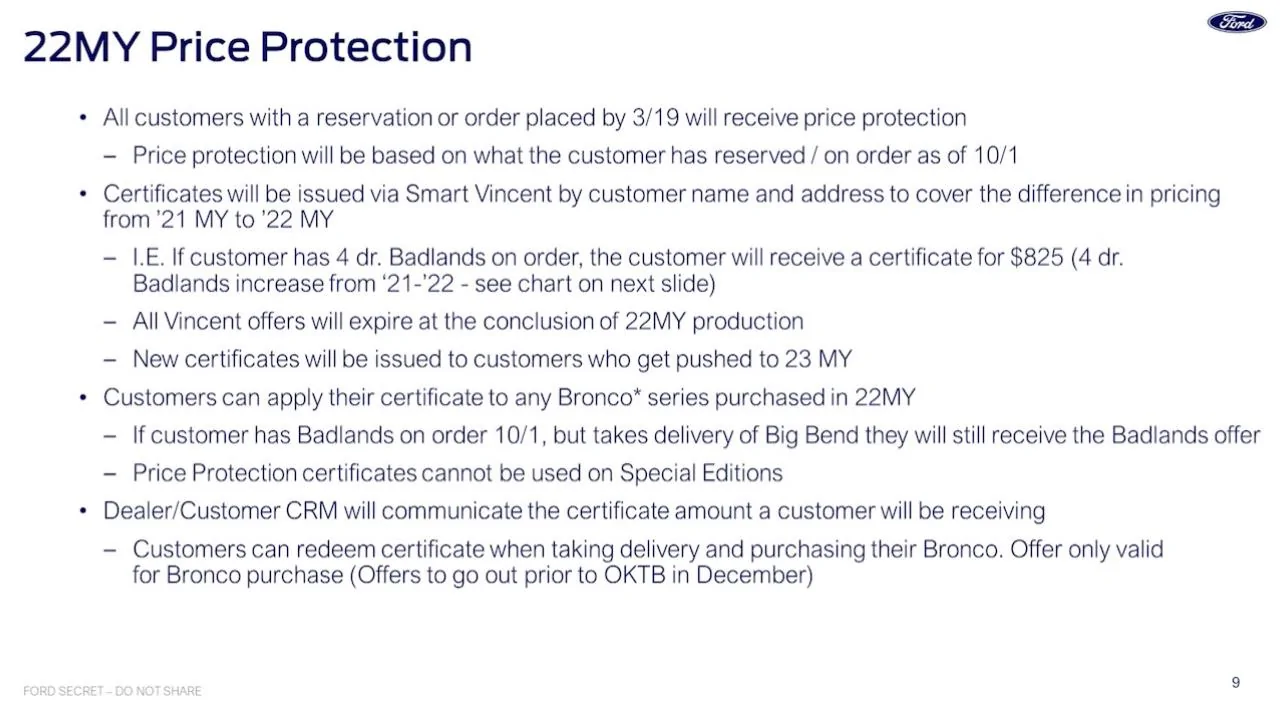 Ford Bronco 2022 price protection issues. Price protection PPT (2)