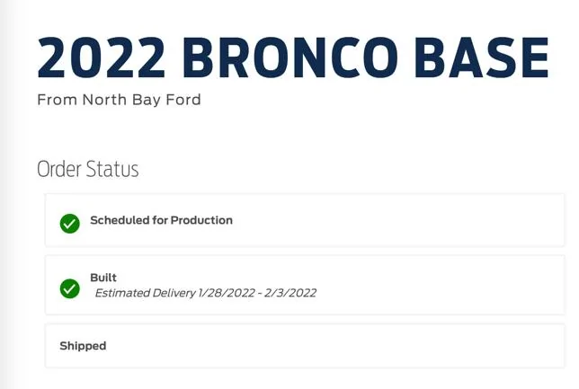 Ford Bronco 🛠 1/3/22 Build Week Group Bronco Est Del