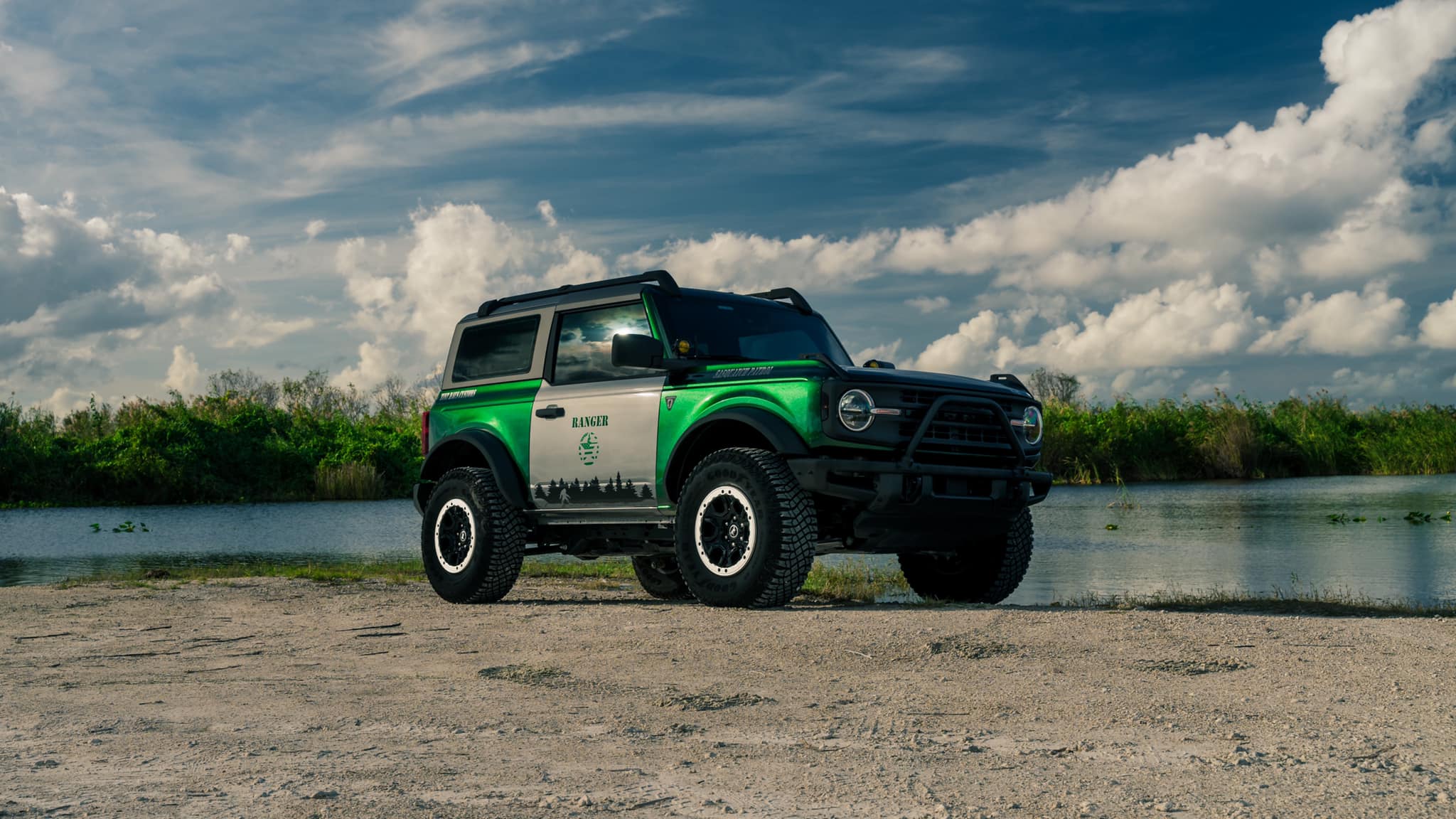 Ford Bronco "Sasquatch Patrol" Basesquatch in Gloss Metallic Racing Green wrap park ranger theme 271714458_385239153398731_8666723289600712708_n