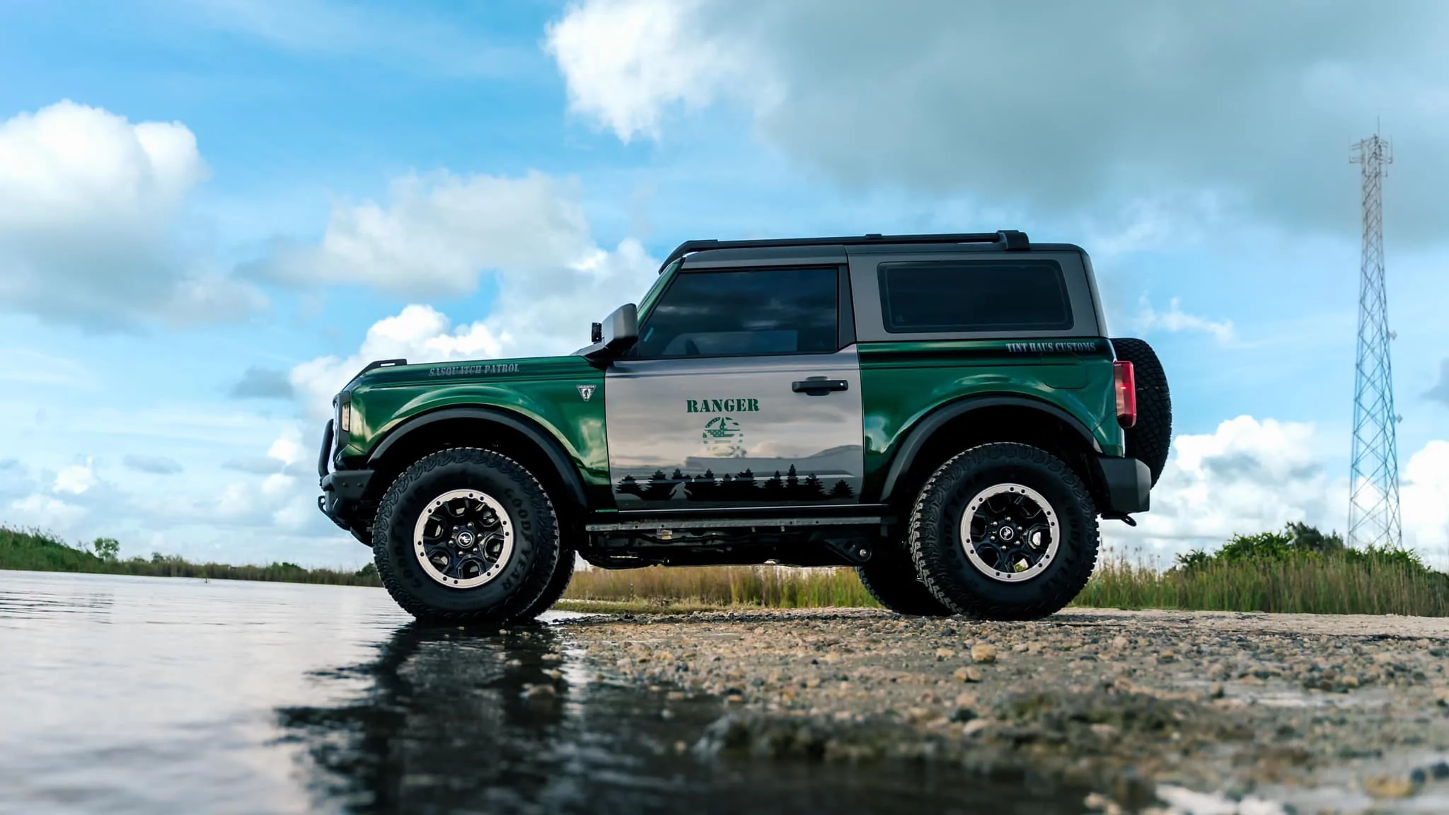 Ford Bronco "Sasquatch Patrol" Basesquatch in Gloss Metallic Racing Green wrap park ranger theme 271276265_385239160065397_5064383505035153155_n