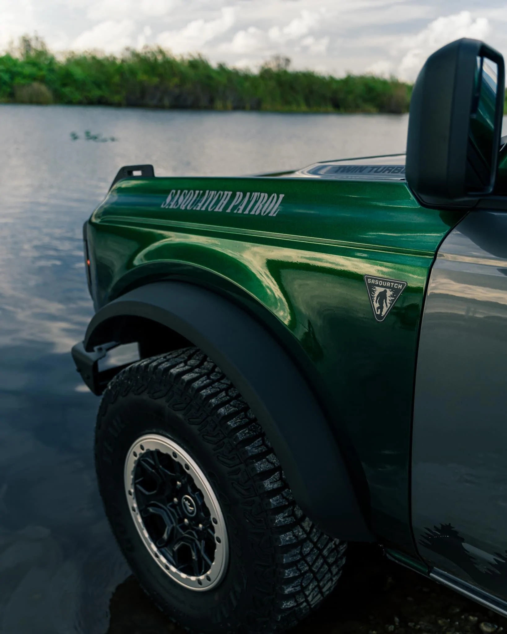 Ford Bronco "Sasquatch Patrol" Basesquatch in Gloss Metallic Racing Green wrap park ranger theme 271594515_385239076732072_345315681378985917_n