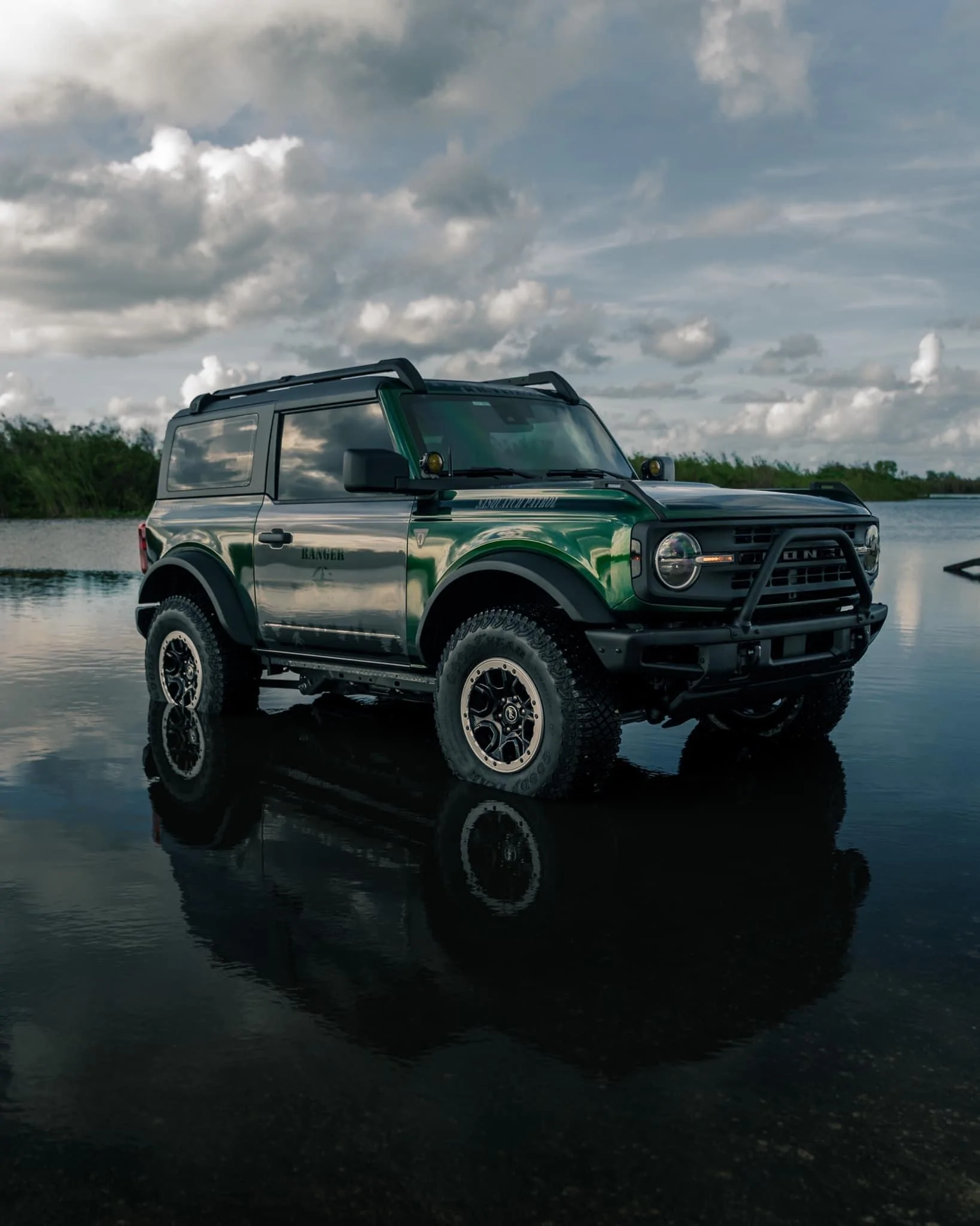 Ford Bronco "Sasquatch Patrol" Basesquatch in Gloss Metallic Racing Green wrap park ranger theme 271603130_385239123398734_6411996825048097487_n