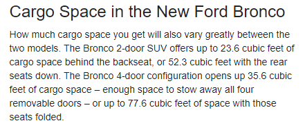 Ford Bronco Bronco 2-Door Cargo Area Size / Volume Analysis (Dimensions - Length, Width, Height) 1597417424059