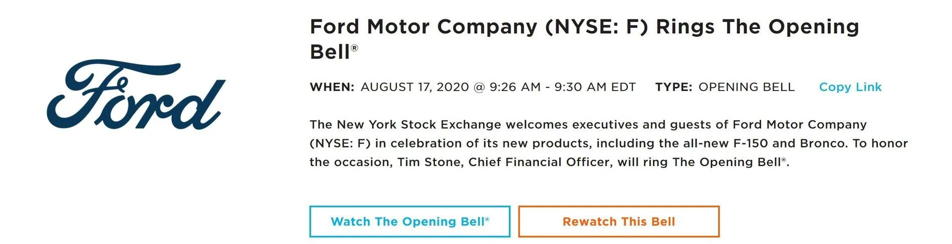 Ford Bronco Bronco at NYSE Monday 8/17 Bronco_NYSE