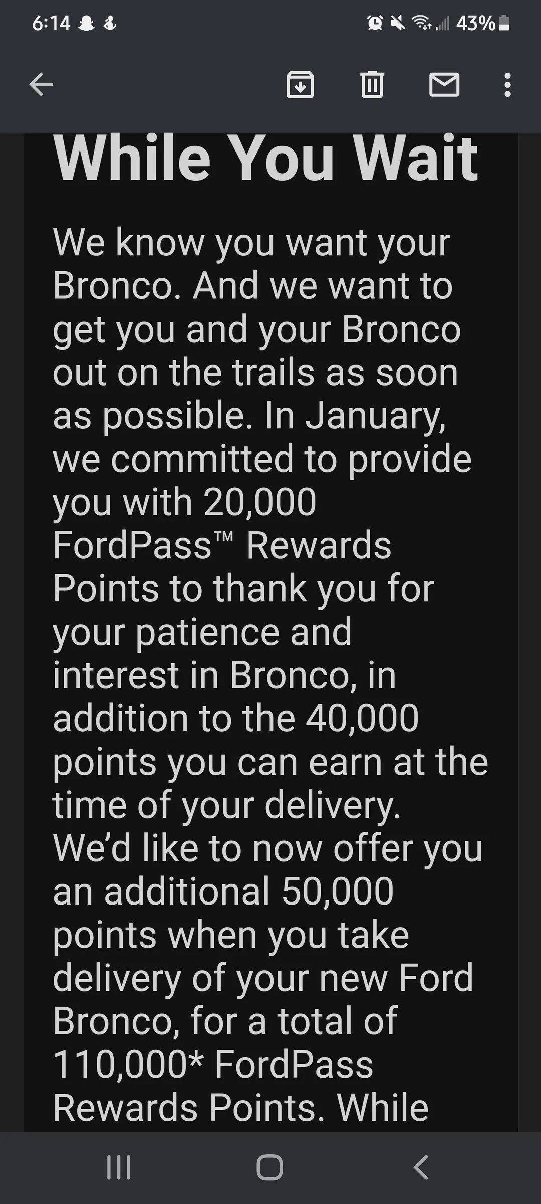 Ford Bronco Weird... Just earned 306,000 Ford Pass Points Screenshot_20220113-061405_Gmail