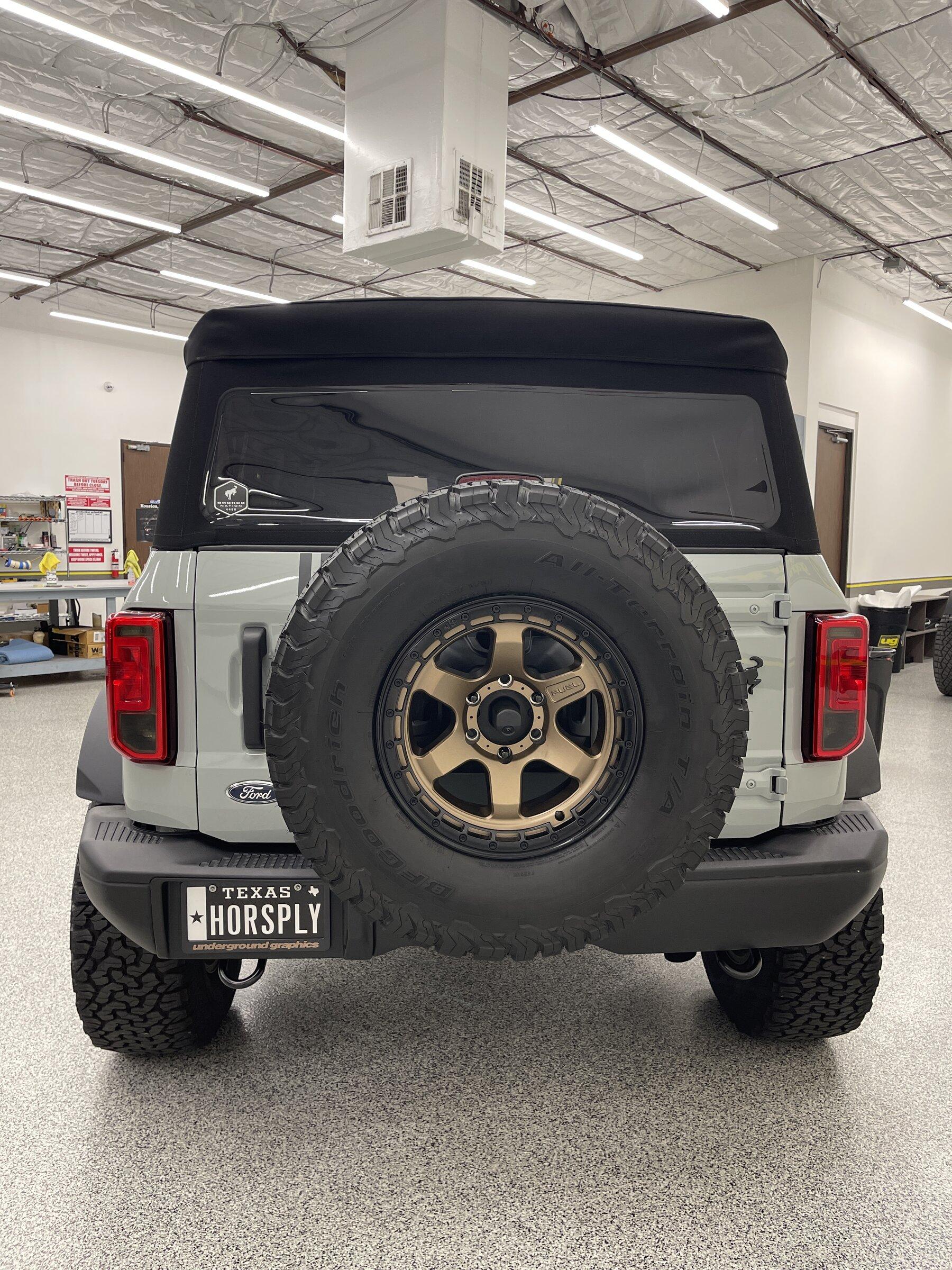 Ford Bronco Underground Graphics 3-Bar Sport Retro Stripes on Cactus Gray BD, SAS flares, 2" lift, 35" BFG KO2, 17x9 Fuel Block 371A890F-CDF3-404F-9FB8-C5F9EC82E50D