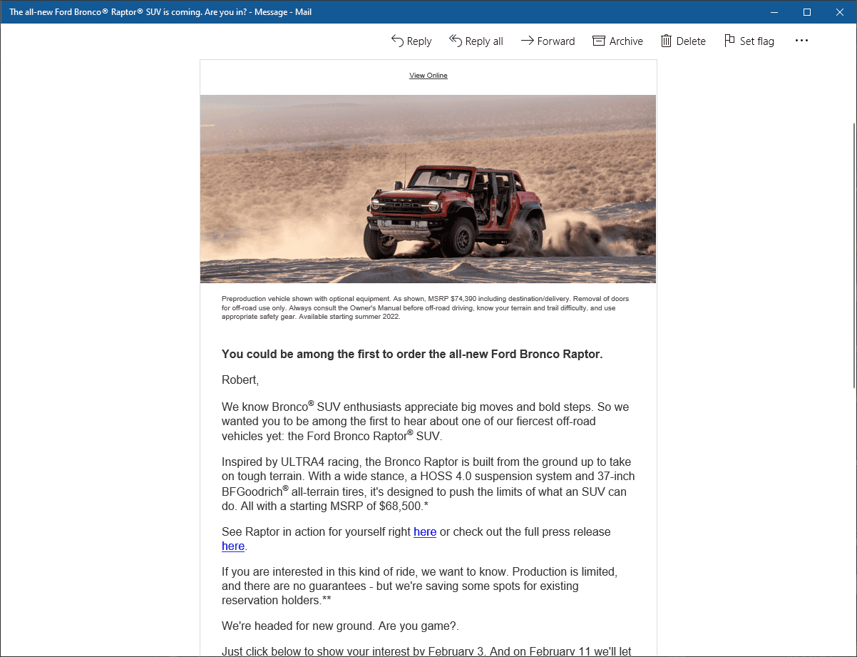 Ford Bronco Bronco Raptor Interest Email Received 1643062121972