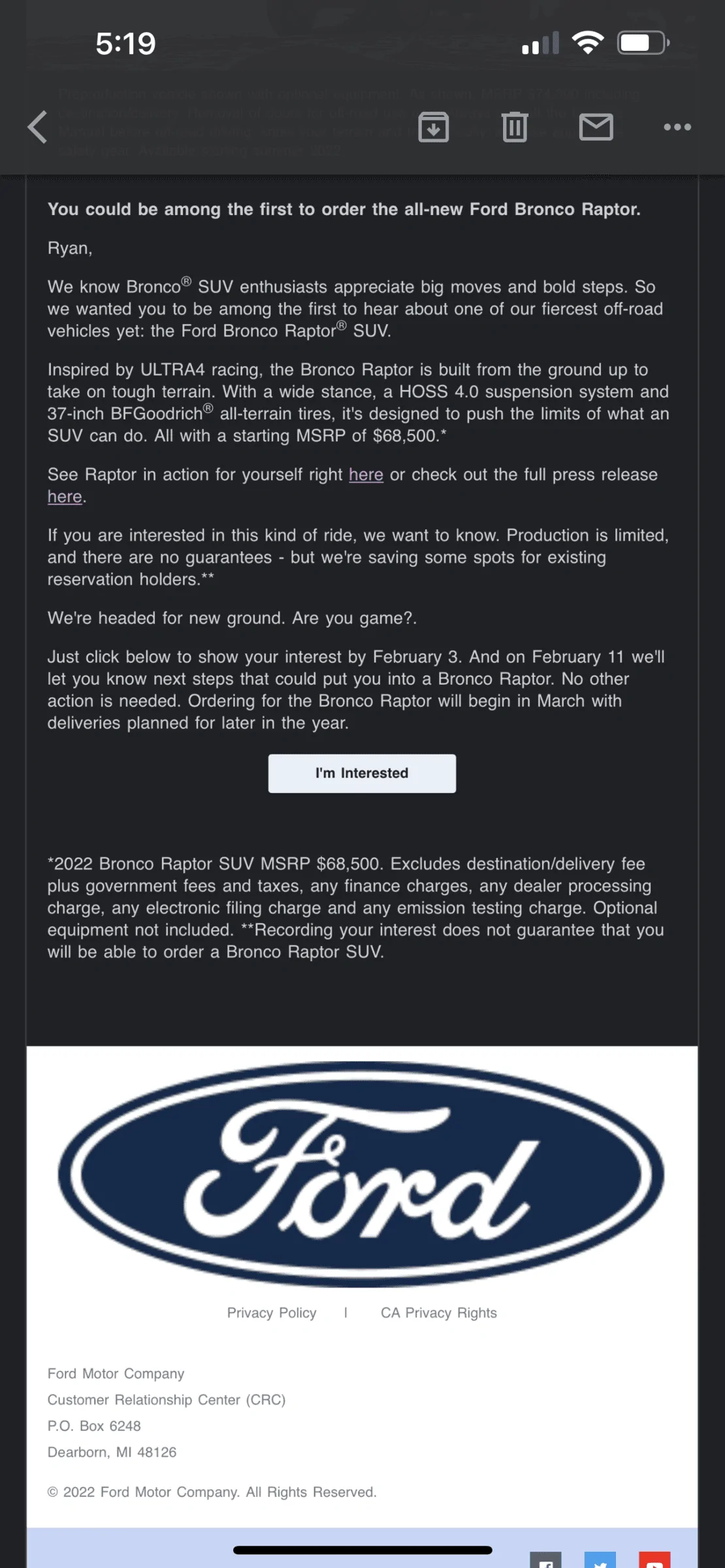 Ford Bronco Bronco Raptor Interest Email Received 39FD307B-F2B2-41D5-B292-9425763D5497