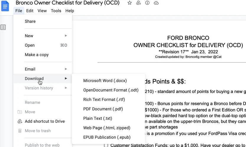 Ford Bronco DELIVERY CHECKLIST  (OCD Version) for Expectant Bronco Owners OCD Save Options
