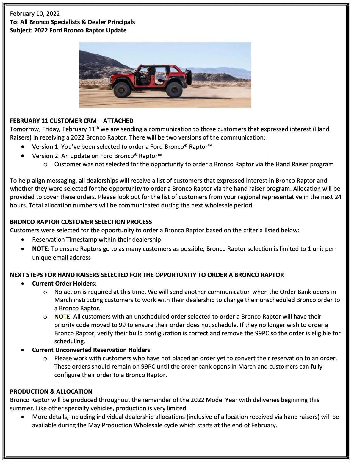 Ford Bronco 📄 2/11 Bulletin: Bronco Raptor Order Invitation Email, Customer Selection Process, Production, Allocation, FAQ Ford Bulletin  Bronco Raptor Order Invitation Email, Customer Selection Process, Production, 