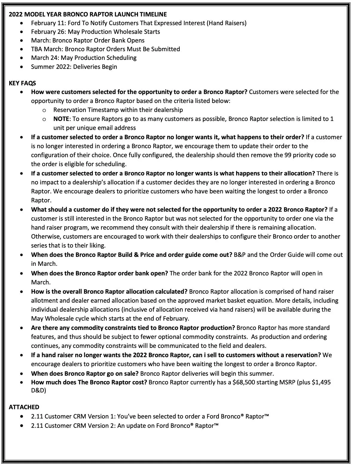 Ford Bronco 📄 2/11 Bulletin: Bronco Raptor Order Invitation Email, Customer Selection Process, Production, Allocation, FAQ Ford Bulletin  Bronco Raptor Order Invitation Email, Customer Selection Process, Production, 