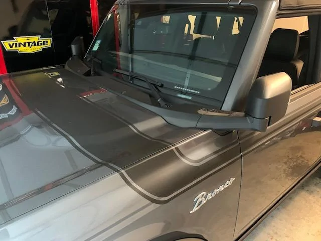 Ford Bronco Matte Black Hockey Stripes, Script Emblems Installed IMG_2101