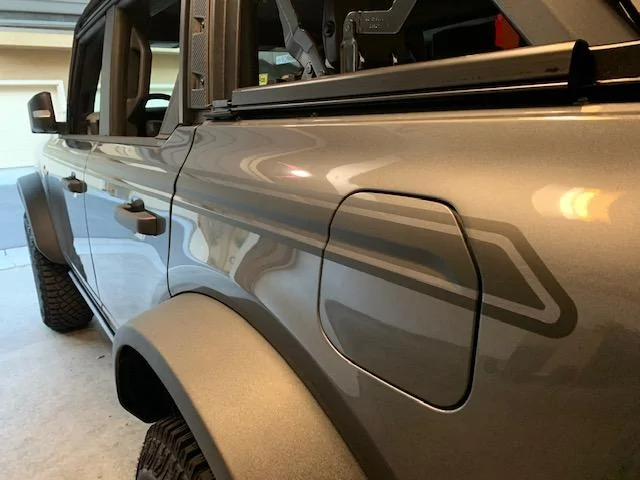 Ford Bronco Matte Black Hockey Stripes, Script Emblems Installed IMG_2103