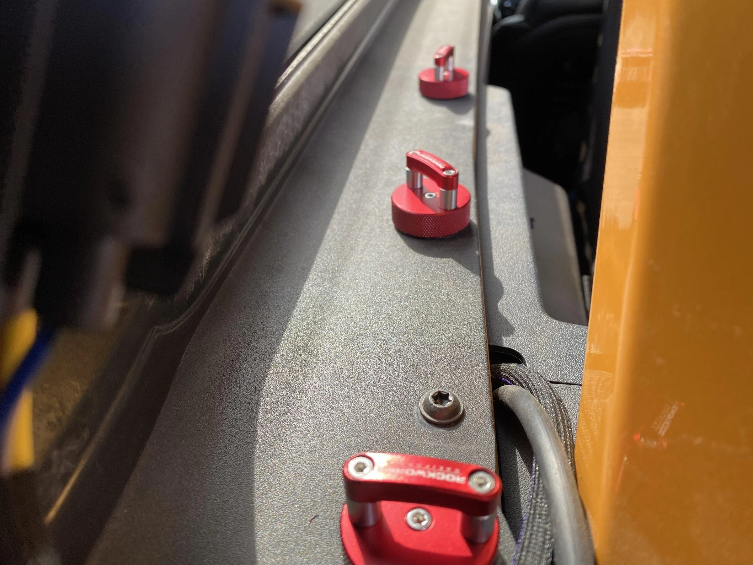 Ford Bronco Rockworkx hard top bolts installed. Removable by hand Bronco bolts 1