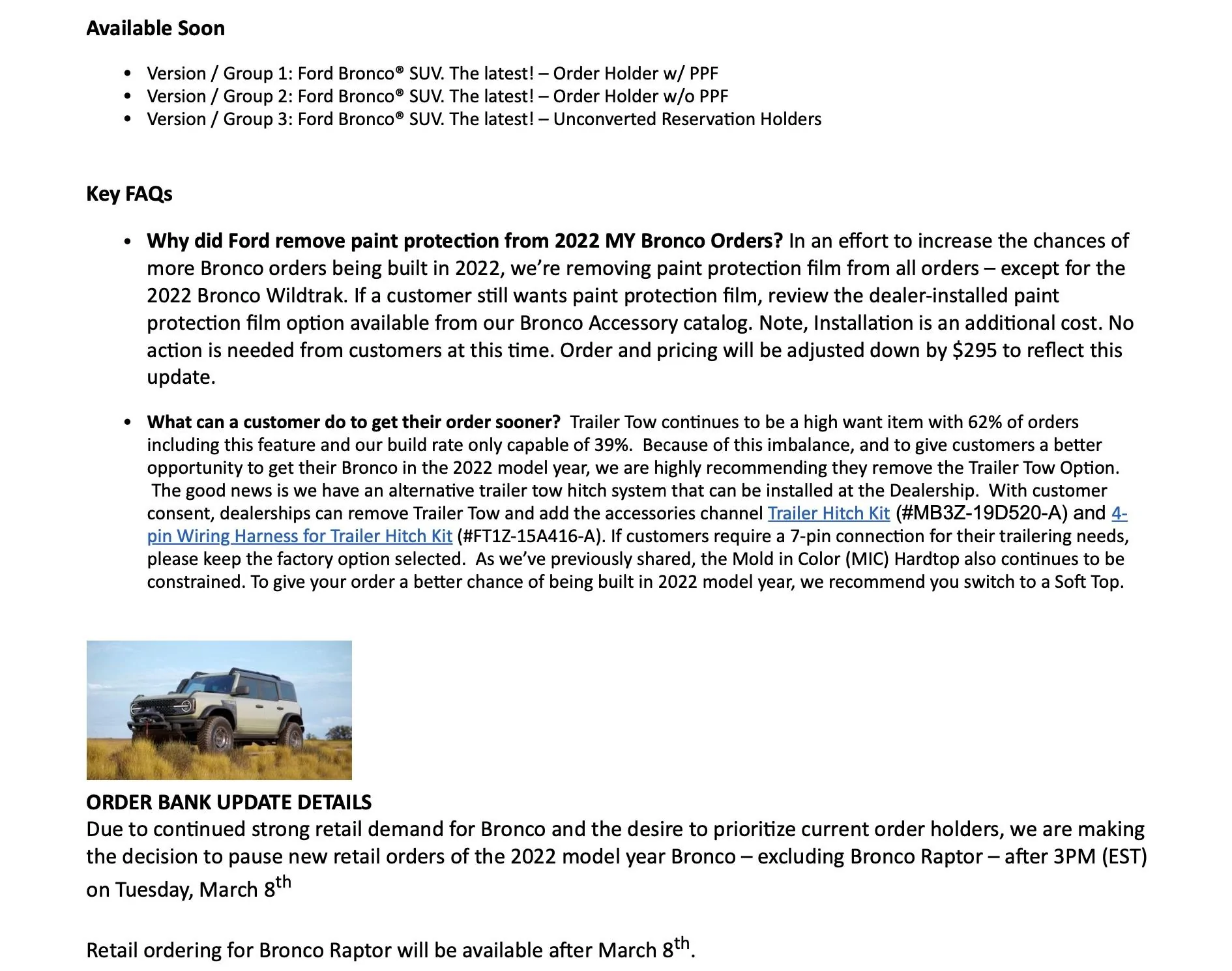 Ford Bronco 📄 New Bronco Orders Paused After March 7th, PPF Option Removed, HOSS 3.0 Package  [Updated With Official Memo Document] bronco dealer memo 5