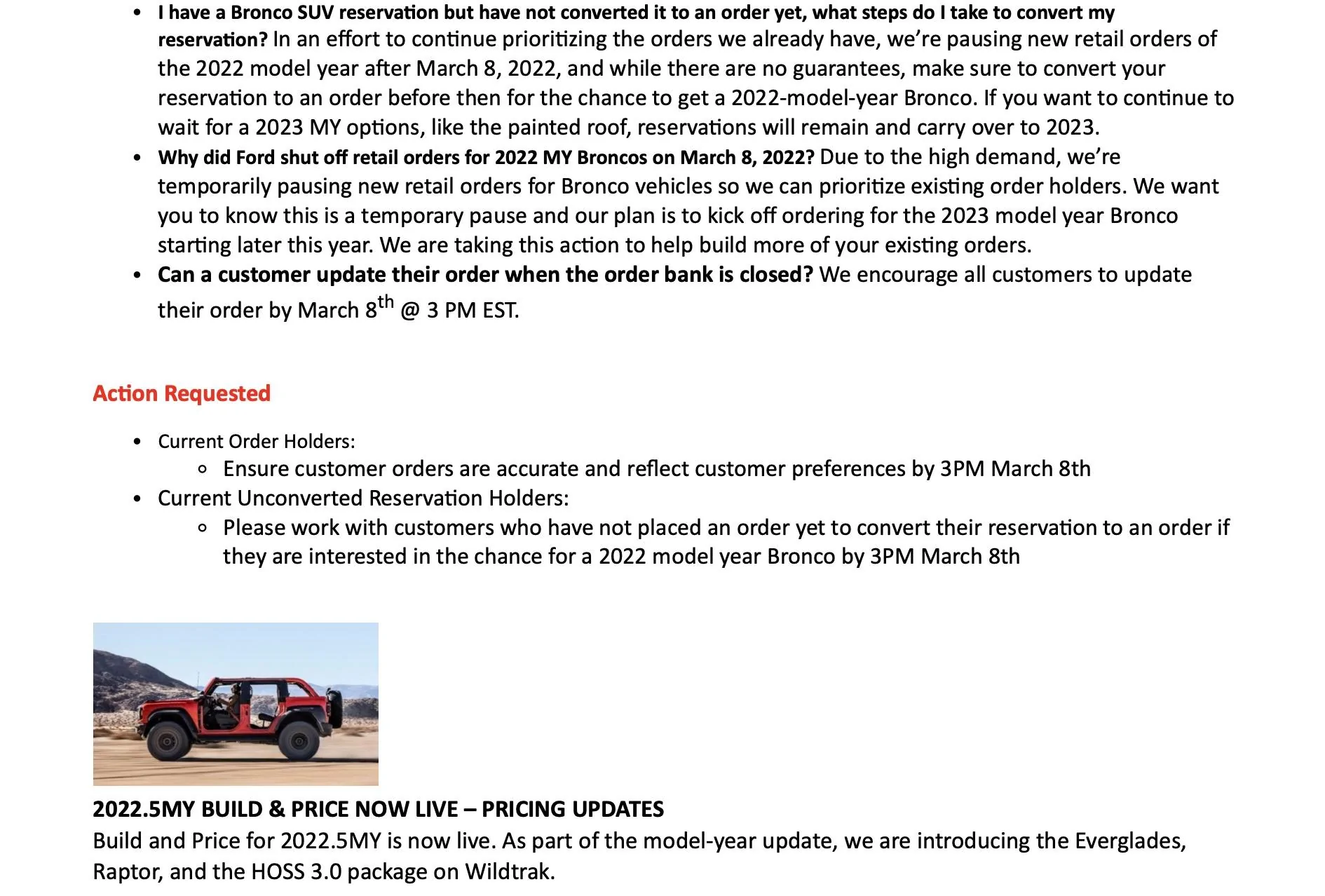 Ford Bronco 📄 New Bronco Orders Paused After March 7th, PPF Option Removed, HOSS 3.0 Package  [Updated With Official Memo Document] bronco dealer memo 3